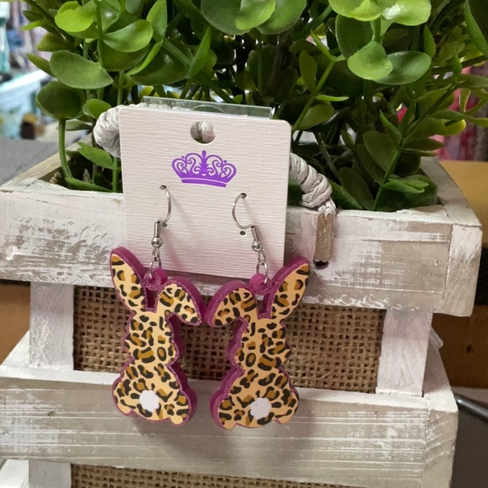 Leopard Print Easter Bunny Earrings with Purple Back & Trim
